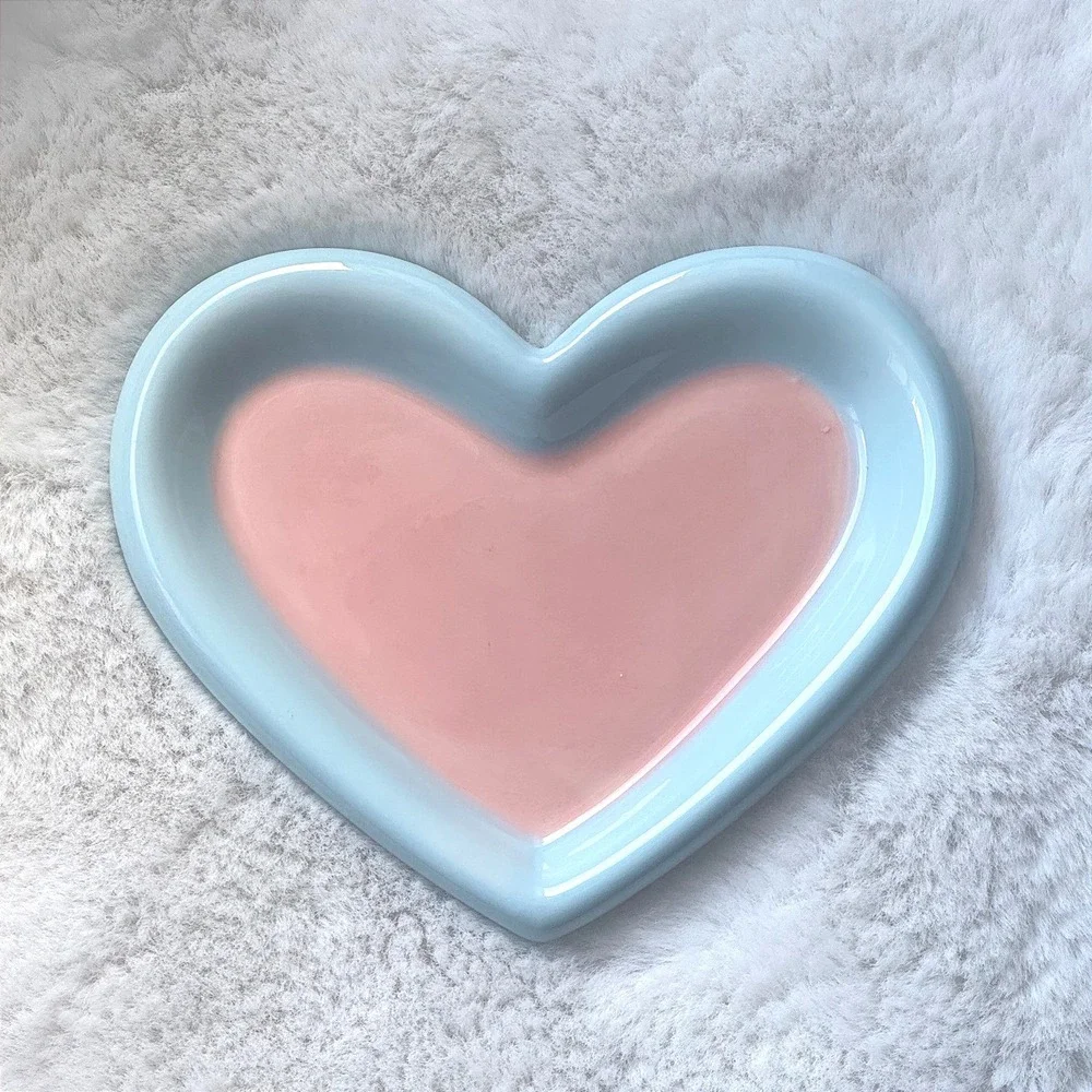 New Heart Shaped‎ Ceramic Cat Plate Pink Blue Whisker Fatigue Friendly Dish